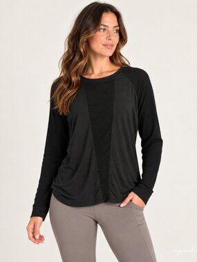 Alala Black Lightweight Ribbed Mixed Media Long Sleeve Pullover Top Women's L